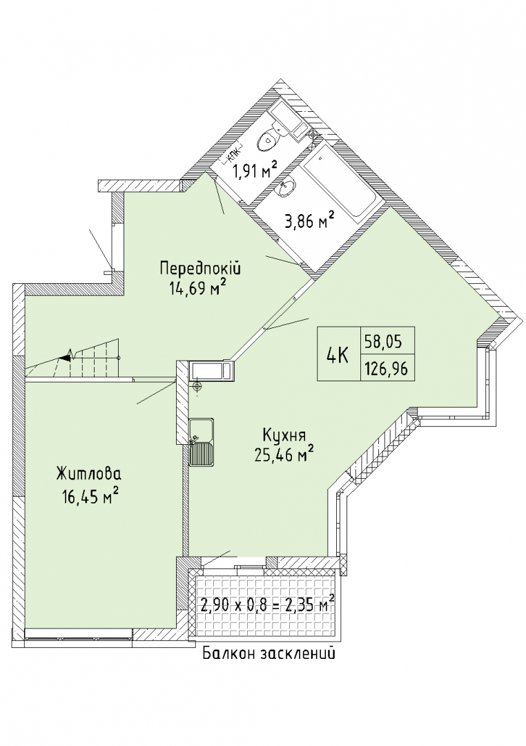 Чотирьохкімнатна квартира 126,96 кв.м. будинок №7, секція №2, 25-26 поверх в Житловому Комлексі Святобор